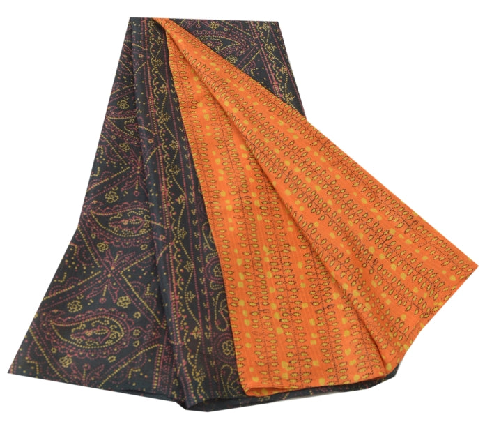 Sanskriti Vintage Orange Pure Silk Sarees Printed Sari Floral 5yd Craft Sustainable Fabric