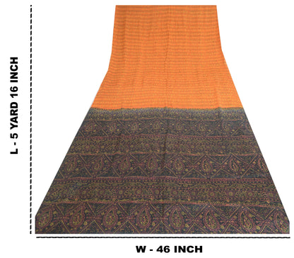 Sanskriti Vintage Orange Pure Silk Sarees Printed Sari Floral 5yd Craft Sustainable Fabric