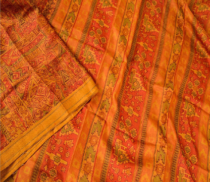 Sanskriti Vintage Dusty Red Printed Sarees 100% Pure Silk Sari 5yd Craft Sustainable Fabric