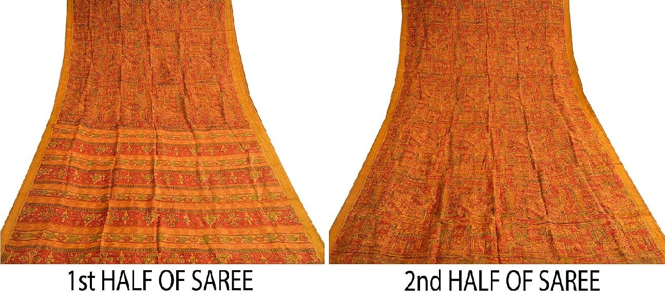 Sanskriti Vintage Dusty Red Printed Sarees 100% Pure Silk Sari 5yd Craft Sustainable Fabric