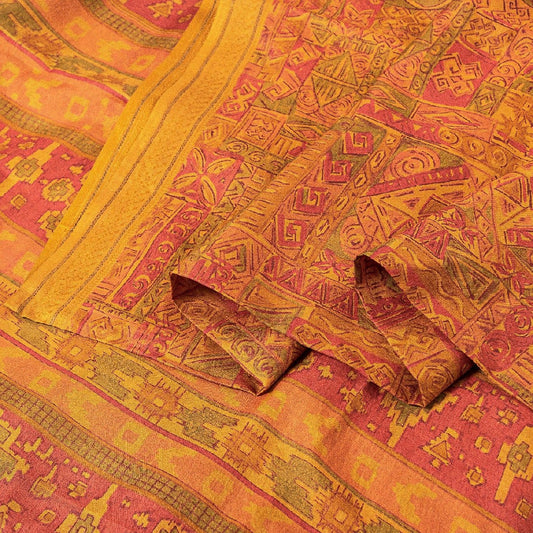 Sanskriti Vintage Dusty Red Printed Sarees 100% Pure Silk Sari 5yd Craft Sustainable Fabric