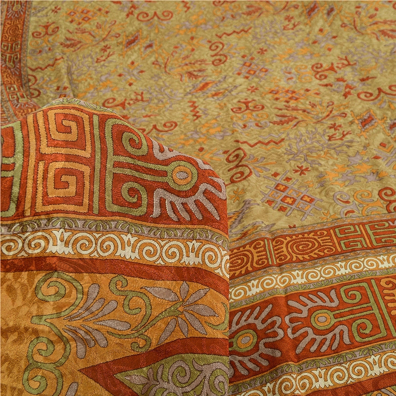 Sanskriti Vintage Orange Indian Sarees Printed Pure Silk Sari Soft Craft Sustainable Fabric