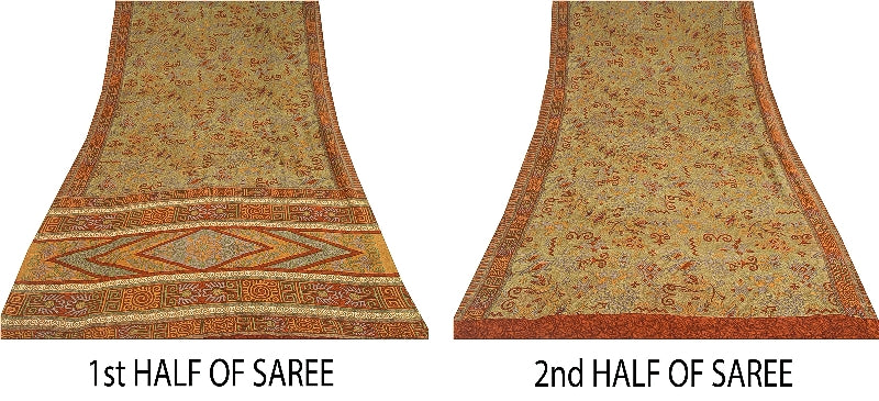 Sanskriti Vintage Orange Indian Sarees Printed Pure Silk Sari Soft Craft Sustainable Fabric
