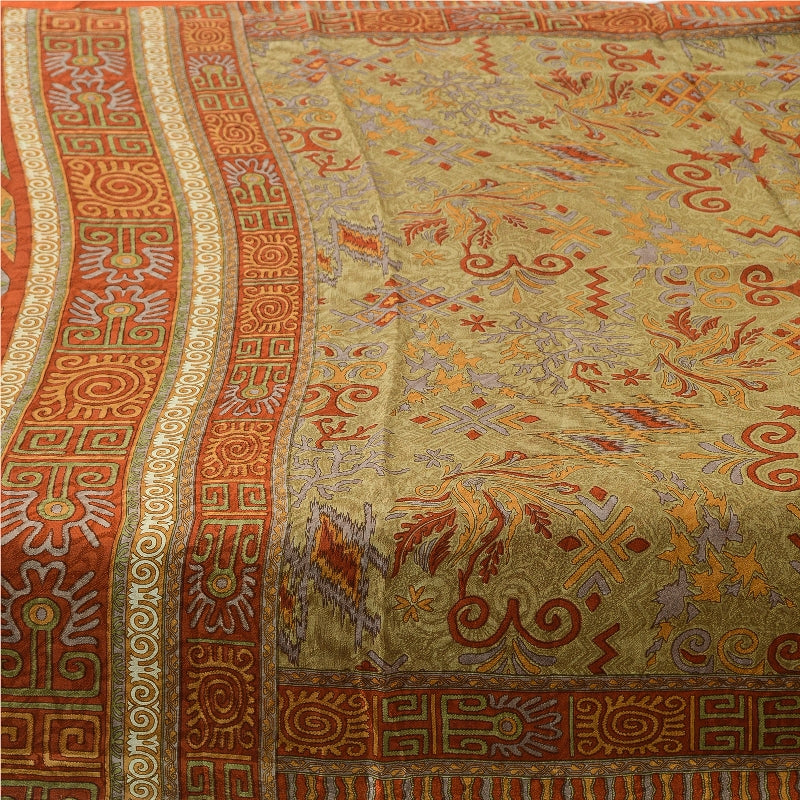 Sanskriti Vintage Orange Indian Sarees Printed Pure Silk Sari Soft Craft Sustainable Fabric