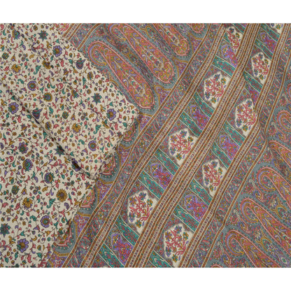 Sanskriti Vintage Ivory/Gray Indian Sarees Art Silk Printed Sari 6ydCraft Fabric