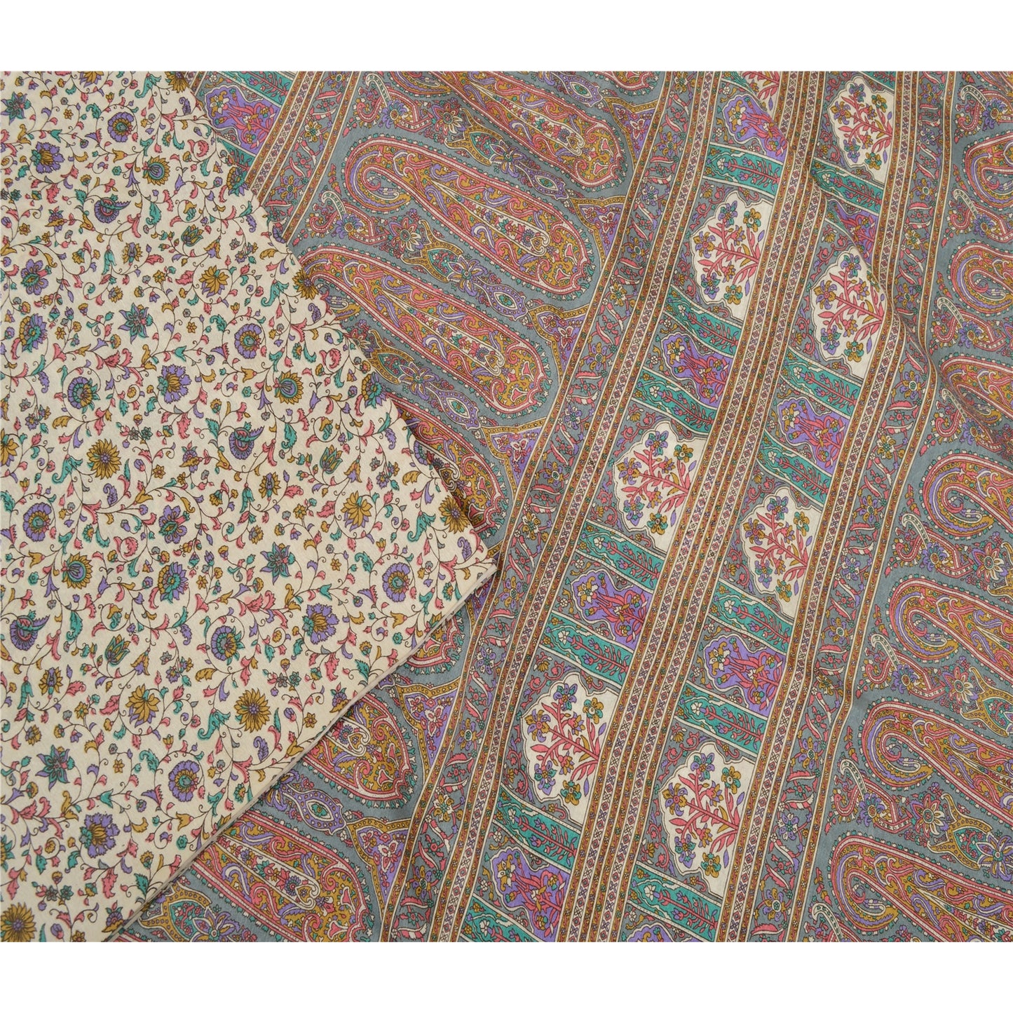 Sanskriti Vintage Ivory/Gray Indian Sarees Art Silk Printed Sari 6ydCraft Fabric