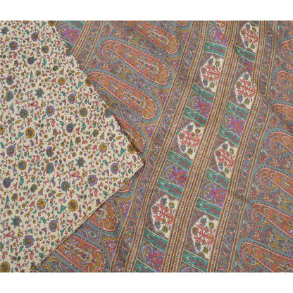 Sanskriti Vintage Ivory/Gray Indian Sarees Art Silk Printed Sari 6ydCraft Fabric