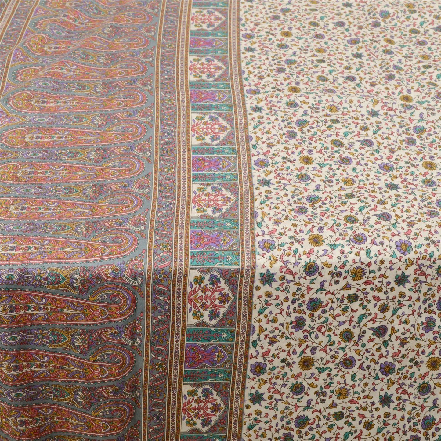 Sanskriti Vintage Ivory/Gray Indian Sarees Art Silk Printed Sari 6ydCraft Fabric