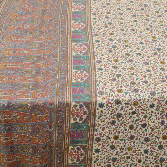 Sanskriti Vintage Ivory/Gray Indian Sarees Art Silk Printed Sari 6ydCraft Fabric