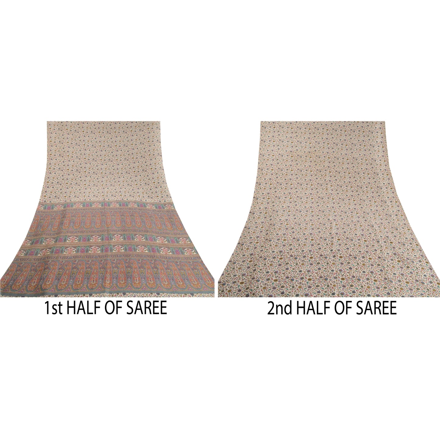 Sanskriti Vintage Ivory/Gray Indian Sarees Art Silk Printed Sari 6ydCraft Fabric