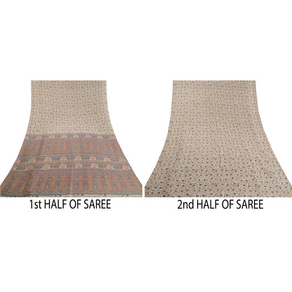 Sanskriti Vintage Ivory/Gray Indian Sarees Art Silk Printed Sari 6ydCraft Fabric