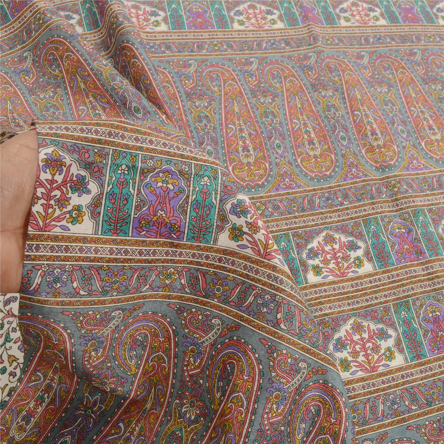 Sanskriti Vintage Ivory/Gray Indian Sarees Art Silk Printed Sari 6ydCraft Fabric