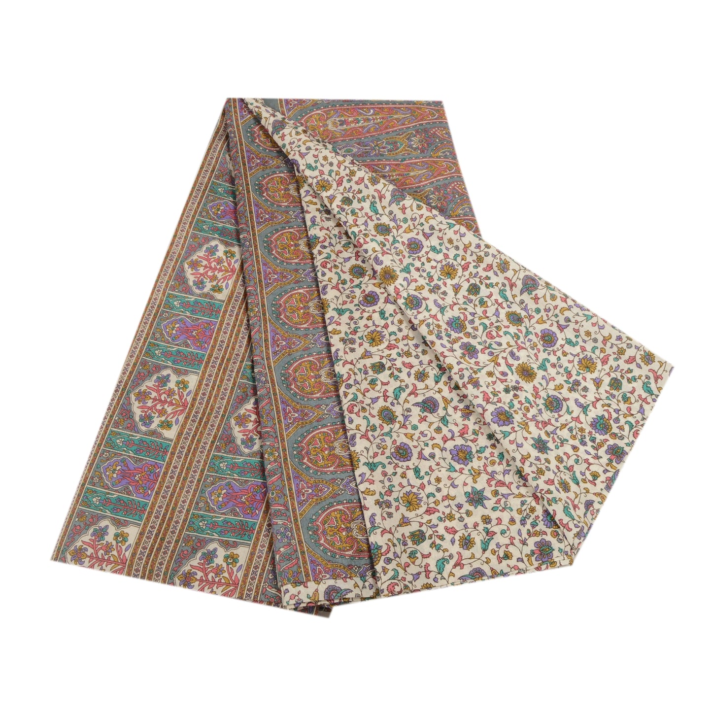 Sanskriti Vintage Ivory/Gray Indian Sarees Art Silk Printed Sari 6ydCraft Fabric