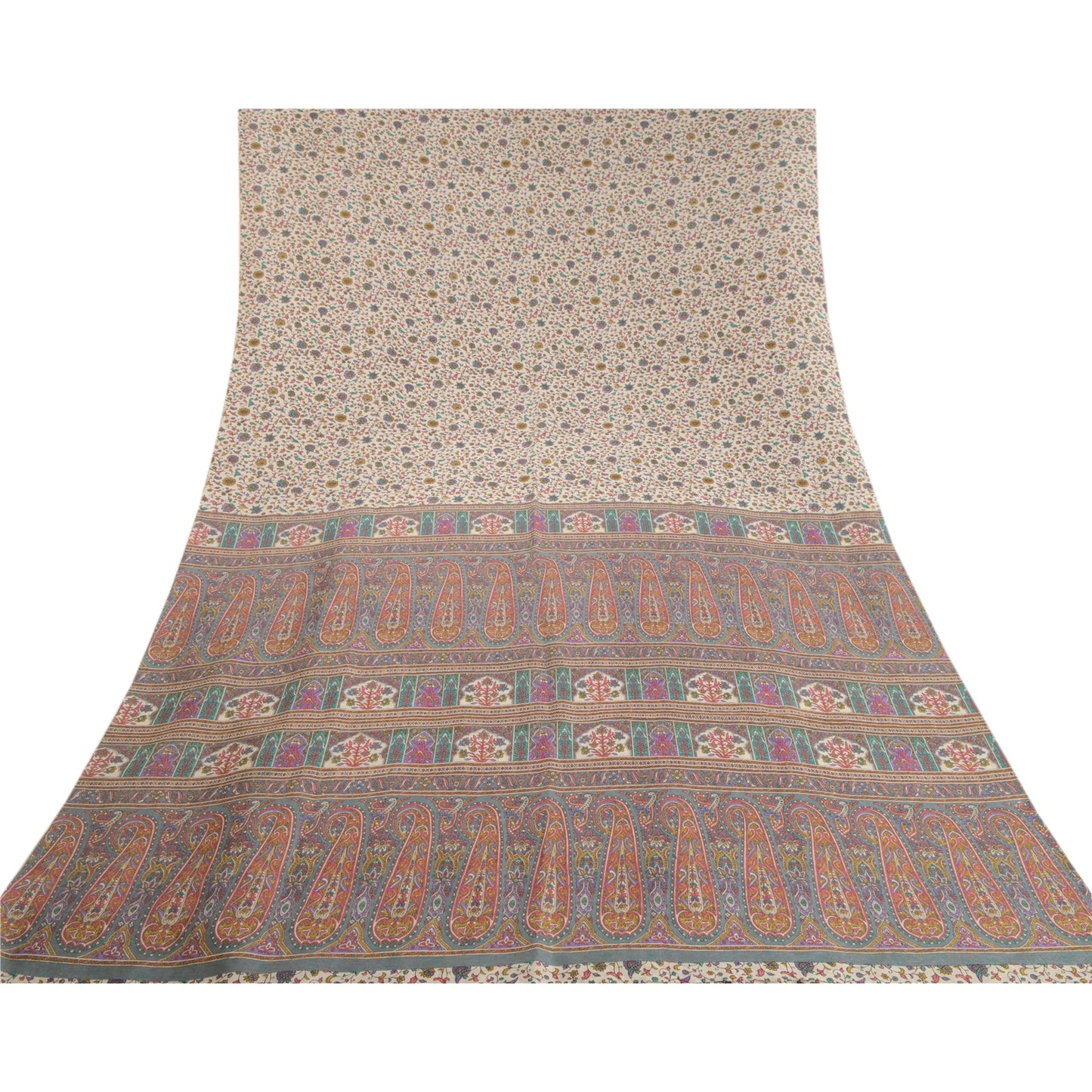 Sanskriti Vintage Ivory/Gray Indian Sarees Art Silk Printed Sari 6ydCraft Fabric