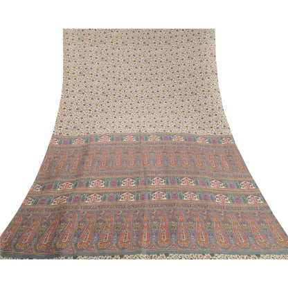 Sanskriti Vintage Ivory/Gray Indian Sarees Art Silk Printed Sari 6ydCraft Fabric