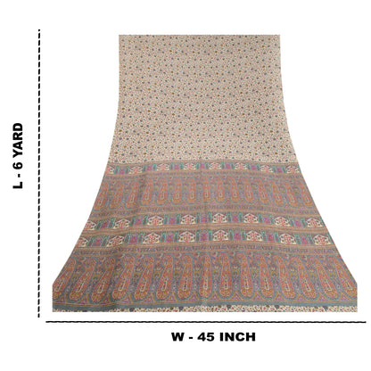 Sanskriti Vintage Ivory/Gray Indian Sarees Art Silk Printed Sari 6ydCraft Fabric