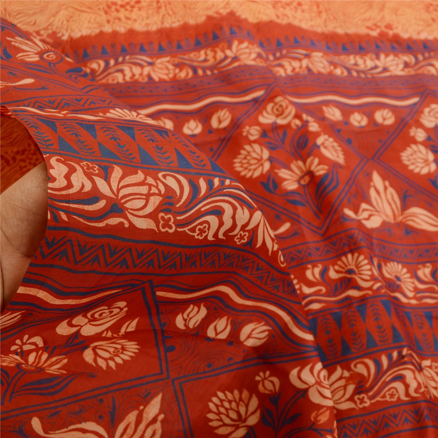 Sanskriti Vintage Orange Indian Sarees Pure Silk Printed Sari 5YD Craft Sustainable Fabric