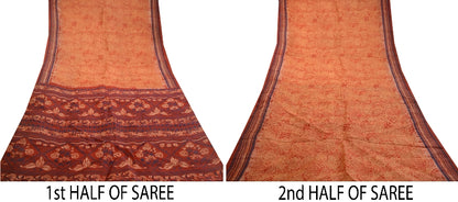 Sanskriti Vintage Orange Indian Sarees Pure Silk Printed Sari 5YD Craft Sustainable Fabric