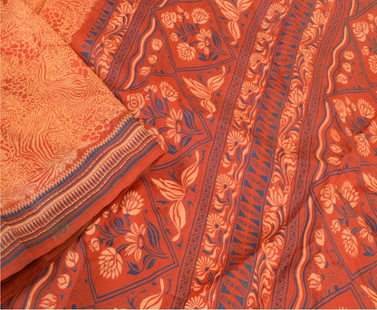 Sanskriti Vintage Orange Indian Sarees Pure Silk Printed Sari 5YD Craft Sustainable Fabric