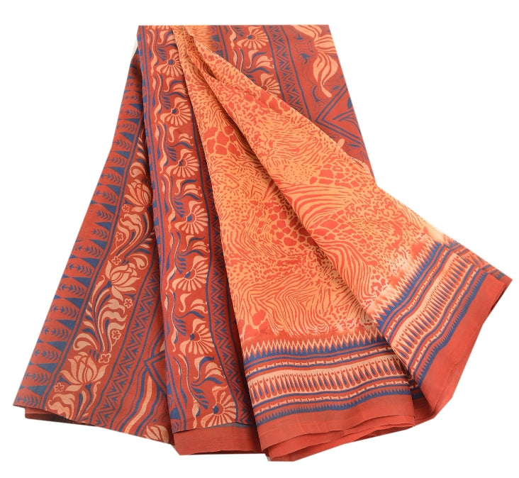 Sanskriti Vintage Orange Indian Sarees Pure Silk Printed Sari 5YD Craft Sustainable Fabric