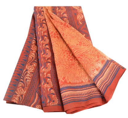 Sanskriti Vintage Orange Indian Sarees Pure Silk Printed Sari 5YD Craft Sustainable Fabric