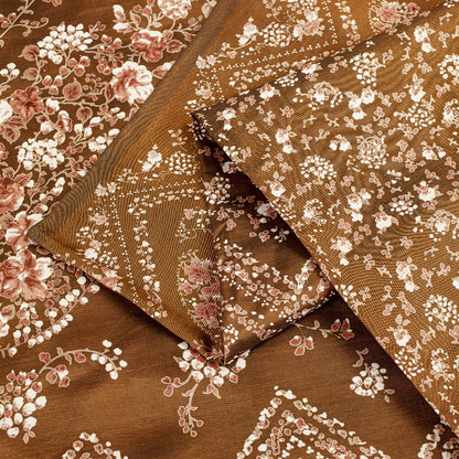 Sanskriti Vintage Brown Printed Sarees Pure Silk Sari Floral Soft Craft Sustainable Fabric