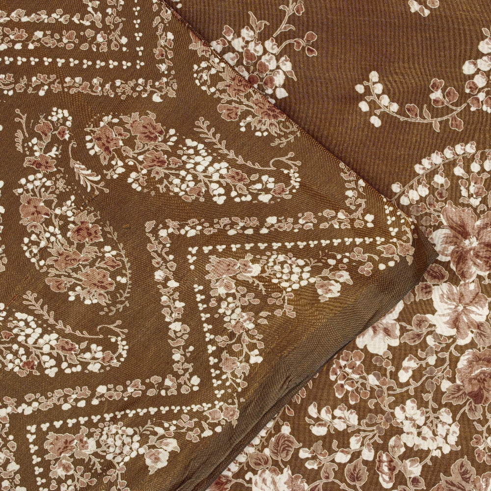 Sanskriti Vintage Brown Printed Sarees Pure Silk Sari Floral Soft Craft Sustainable Fabric