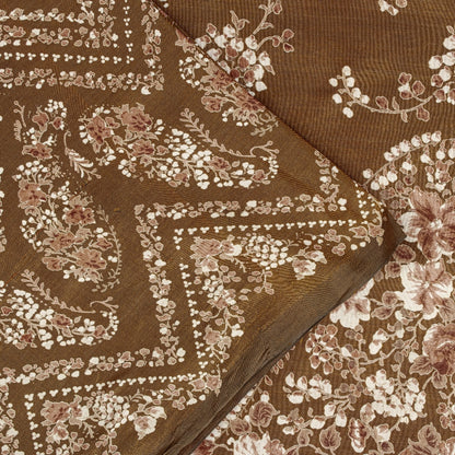 Sanskriti Vintage Brown Printed Sarees Pure Silk Sari Floral Soft Craft Sustainable Fabric