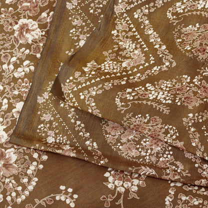 Sanskriti Vintage Brown Printed Sarees Pure Silk Sari Floral Soft Craft Sustainable Fabric