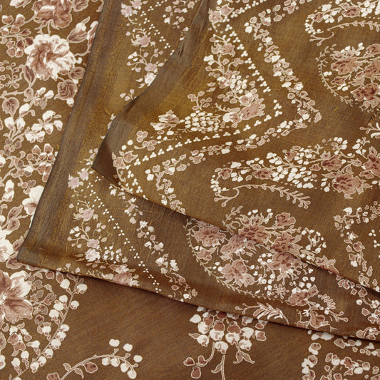Sanskriti Vintage Brown Printed Sarees Pure Silk Sari Floral Soft Craft Sustainable Fabric