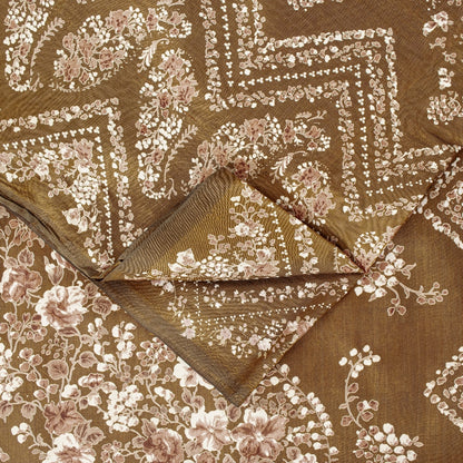 Sanskriti Vintage Brown Printed Sarees Pure Silk Sari Floral Soft Craft Sustainable Fabric