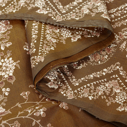 Sanskriti Vintage Brown Printed Sarees Pure Silk Sari Floral Soft Craft Sustainable Fabric