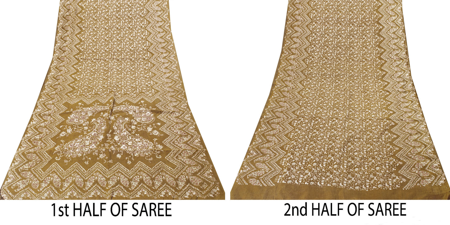 Sanskriti Vintage Brown Printed Sarees Pure Silk Sari Floral Soft Craft Sustainable Fabric