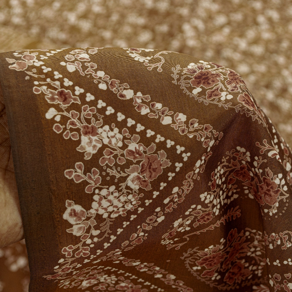 Sanskriti Vintage Brown Printed Sarees Pure Silk Sari Floral Soft Craft Sustainable Fabric