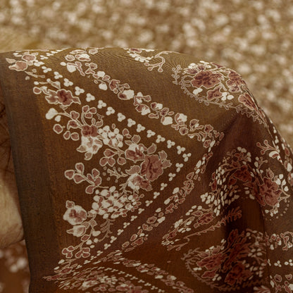 Sanskriti Vintage Brown Printed Sarees Pure Silk Sari Floral Soft Craft Sustainable Fabric