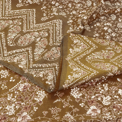 Sanskriti Vintage Brown Printed Sarees Pure Silk Sari Floral Soft Craft Sustainable Fabric