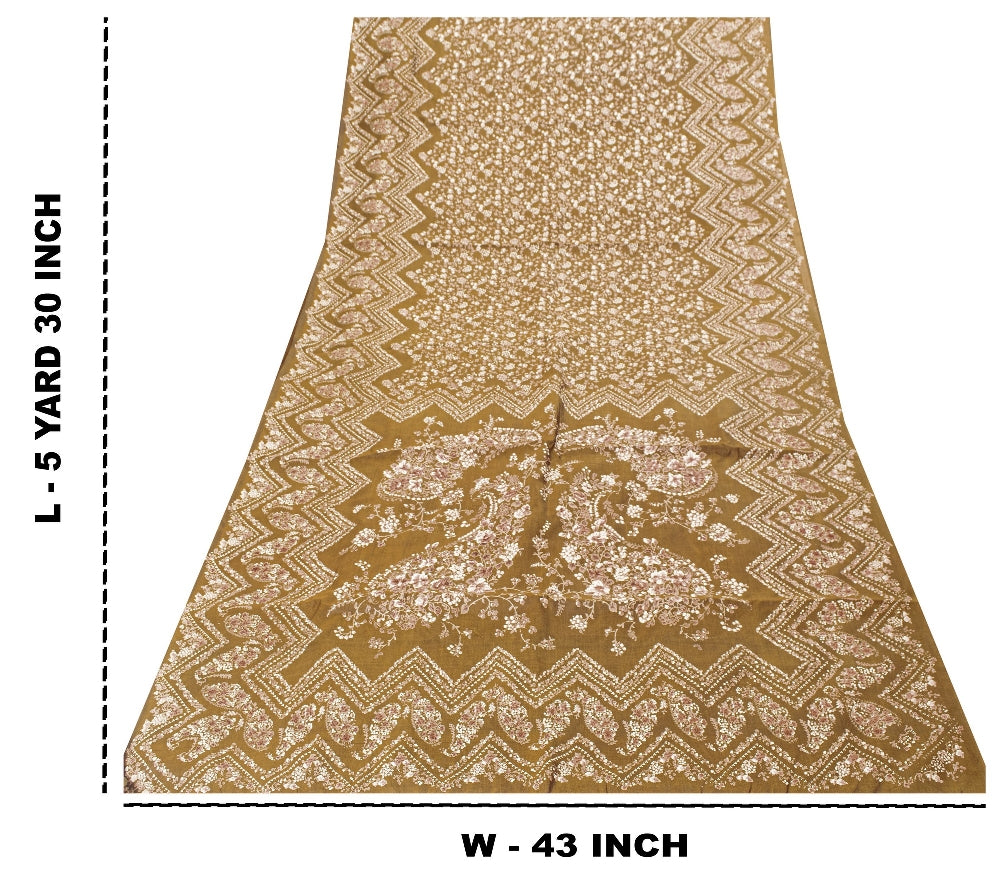 Sanskriti Vintage Brown Printed Sarees Pure Silk Sari Floral Soft Craft Sustainable Fabric