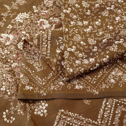 Sanskriti Vintage Brown Printed Sarees Pure Silk Sari Floral Soft Craft Sustainable Fabric