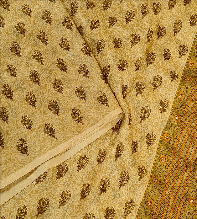 Sanskriti Vintage Cream Sarees 100% Pure Silk Printed Sari Floral Craft Sustainable Fabric