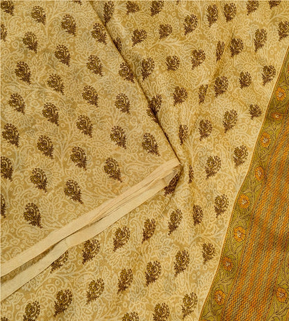 Sanskriti Vintage Cream Sarees 100% Pure Silk Printed Sari Floral Craft Sustainable Fabric