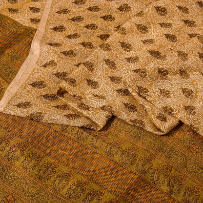 Sanskriti Vintage Cream Sarees 100% Pure Silk Printed Sari Floral Craft Sustainable Fabric