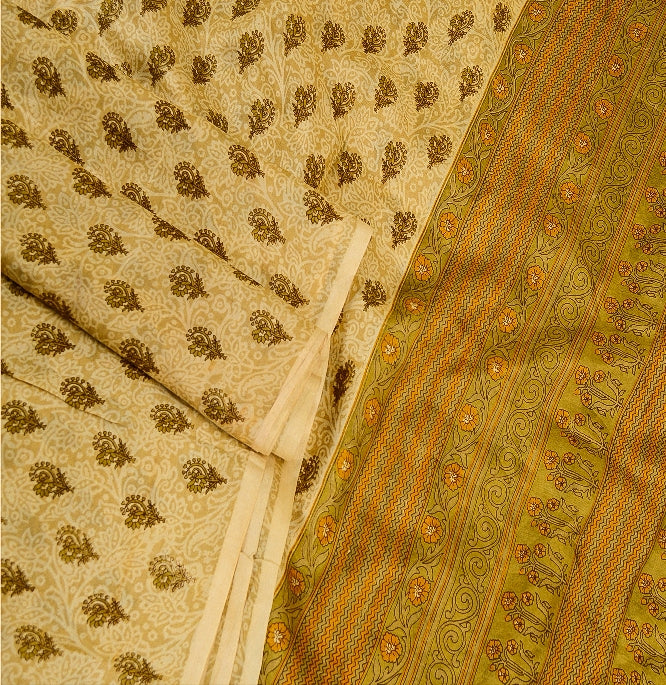 Sanskriti Vintage Cream Sarees 100% Pure Silk Printed Sari Floral Craft Sustainable Fabric