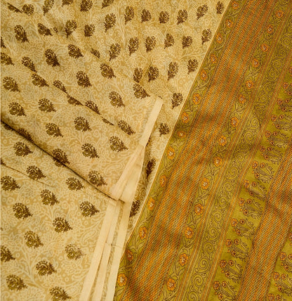 Sanskriti Vintage Cream Sarees 100% Pure Silk Printed Sari Floral Craft Sustainable Fabric