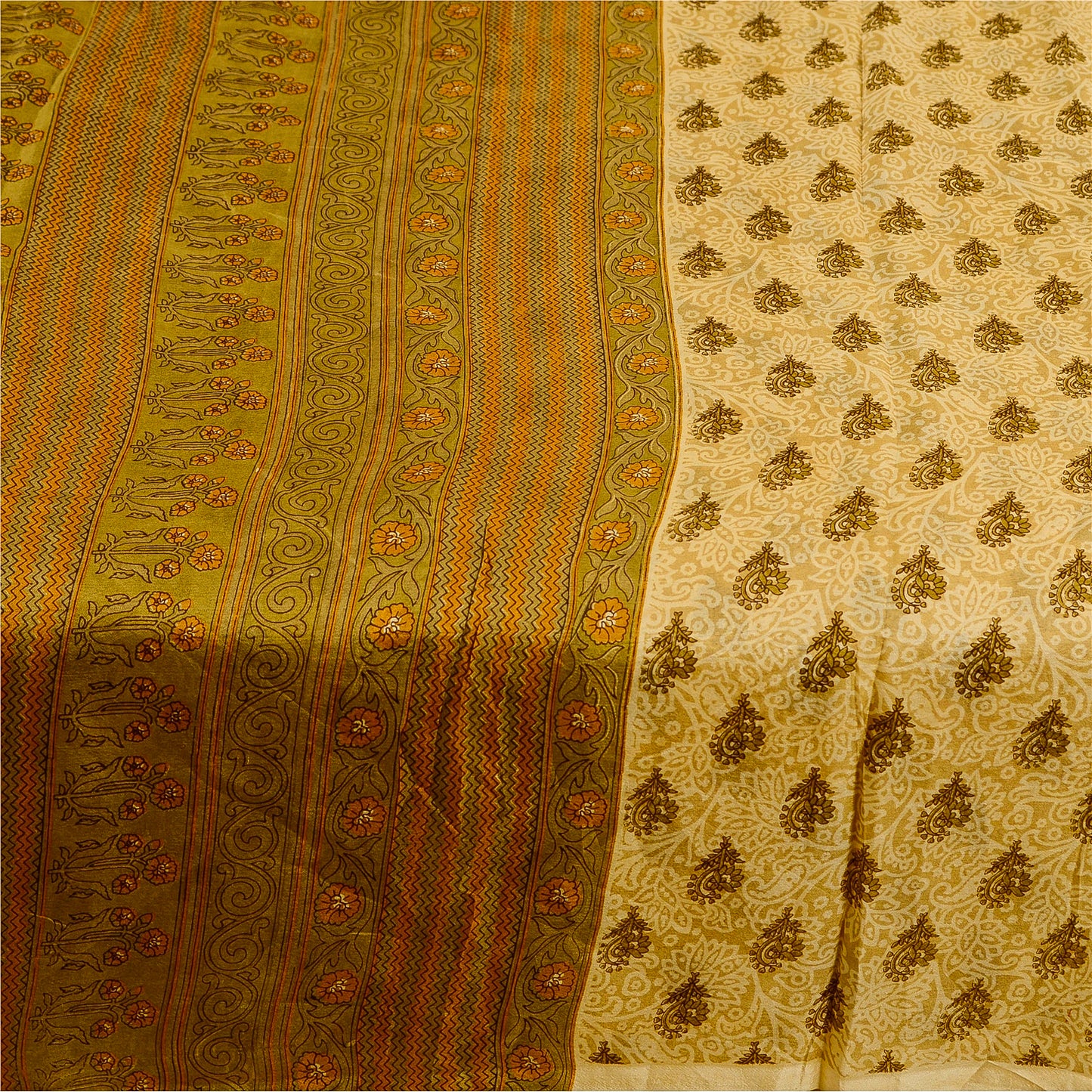 Sanskriti Vintage Cream Sarees 100% Pure Silk Printed Sari Floral Craft Sustainable Fabric