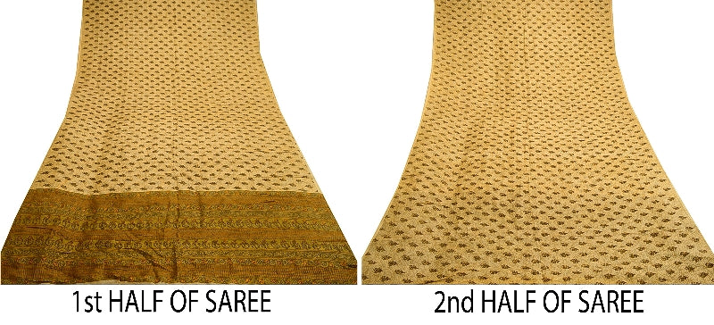 Sanskriti Vintage Cream Sarees 100% Pure Silk Printed Sari Floral Craft Sustainable Fabric