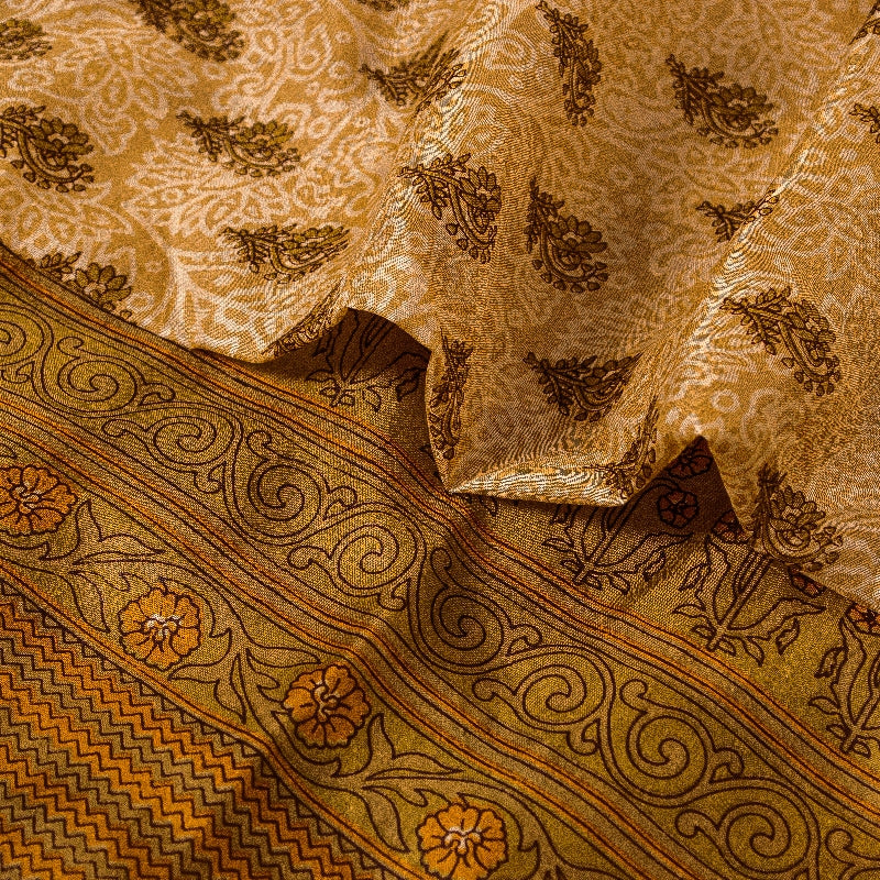 Sanskriti Vintage Cream Sarees 100% Pure Silk Printed Sari Floral Craft Sustainable Fabric
