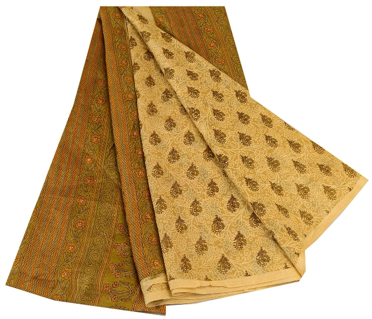 Sanskriti Vintage Cream Sarees 100% Pure Silk Printed Sari Floral Craft Sustainable Fabric