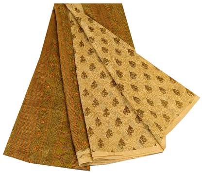 Sanskriti Vintage Cream Sarees 100% Pure Silk Printed Sari Floral Craft Sustainable Fabric