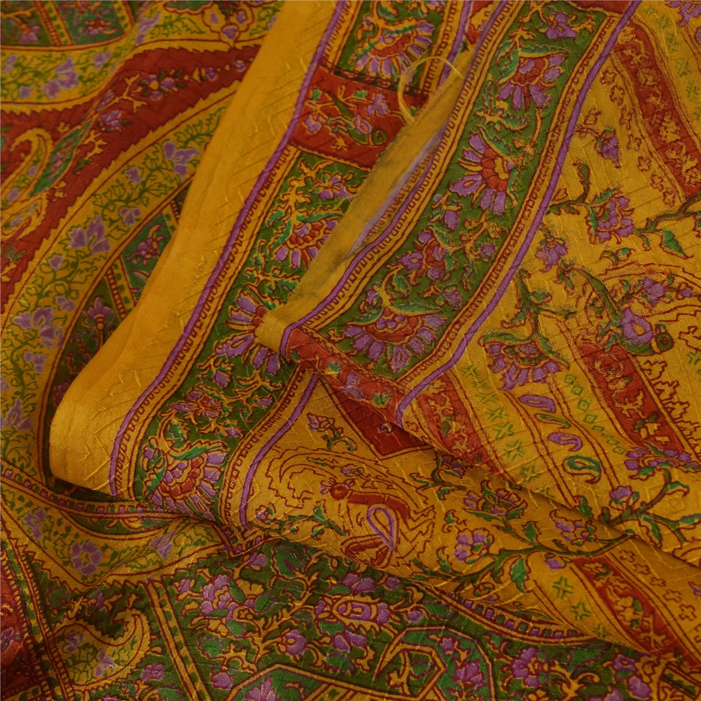 Sanskriti Vintage Yellow & Red Pure Silk Printed Sarees Sari Floral Craft Fabric