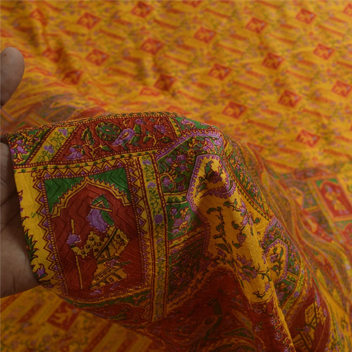 Sanskriti Vintage Yellow & Red Pure Silk Printed Sarees Sari Floral Craft Fabric